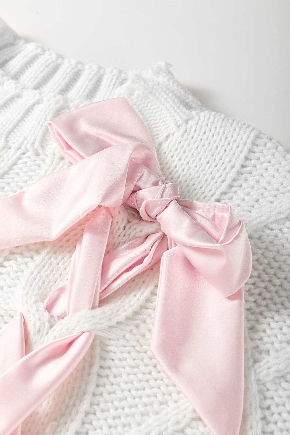 White Sweet Satin Bowknot Cable Knit Top