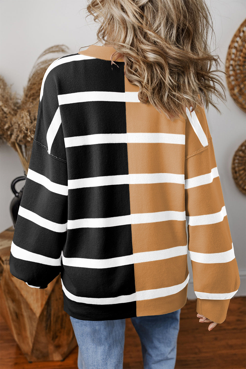 Khaki Stripe Exposed Seam Loose Sweatshirts