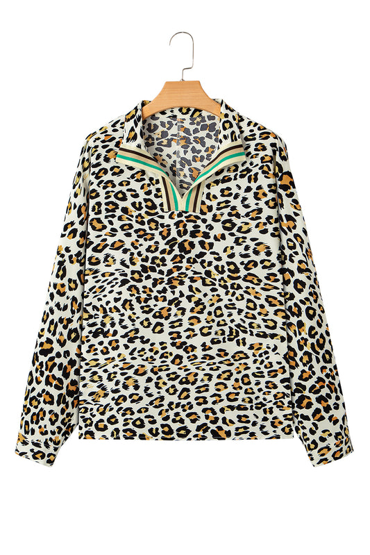 Khaki Leopard Print Long Sleeve Striped V Neck Top