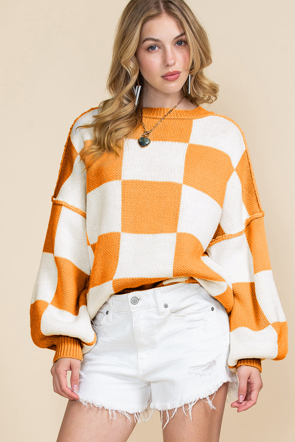 Rose Checkered Bishop Sleeve Pullover Sweater