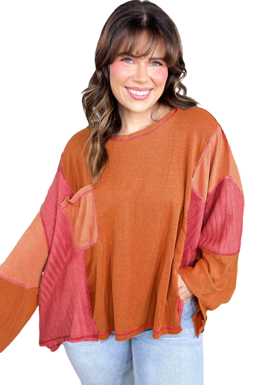 Orange Waffle Patchwork Chest Pocket Plus Size Top