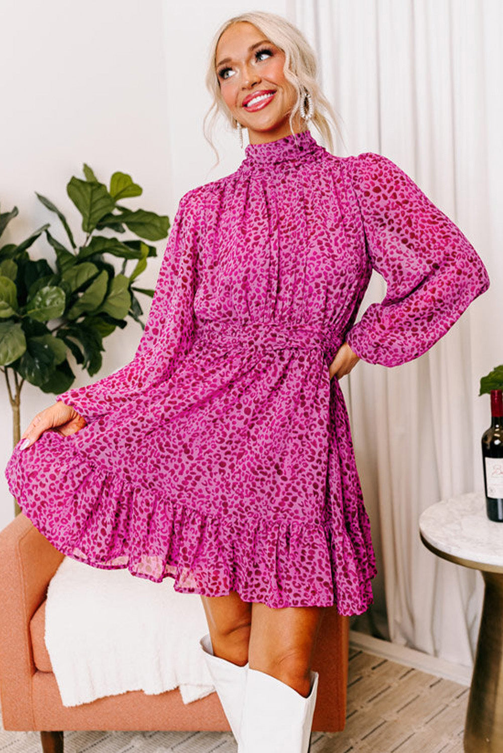 Rose Leopard Puff Sleeve High Neck Ruffle Mini Dress