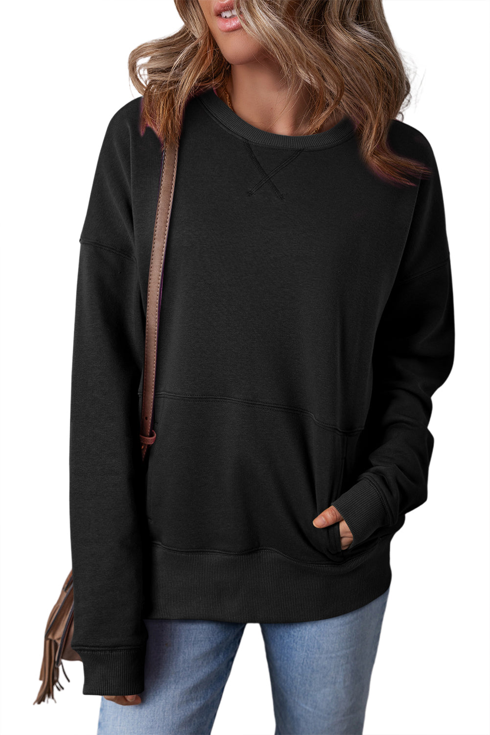 Rose Red Kangaroo Pocket Loose Fit Drop Shoulder Sweatshirt