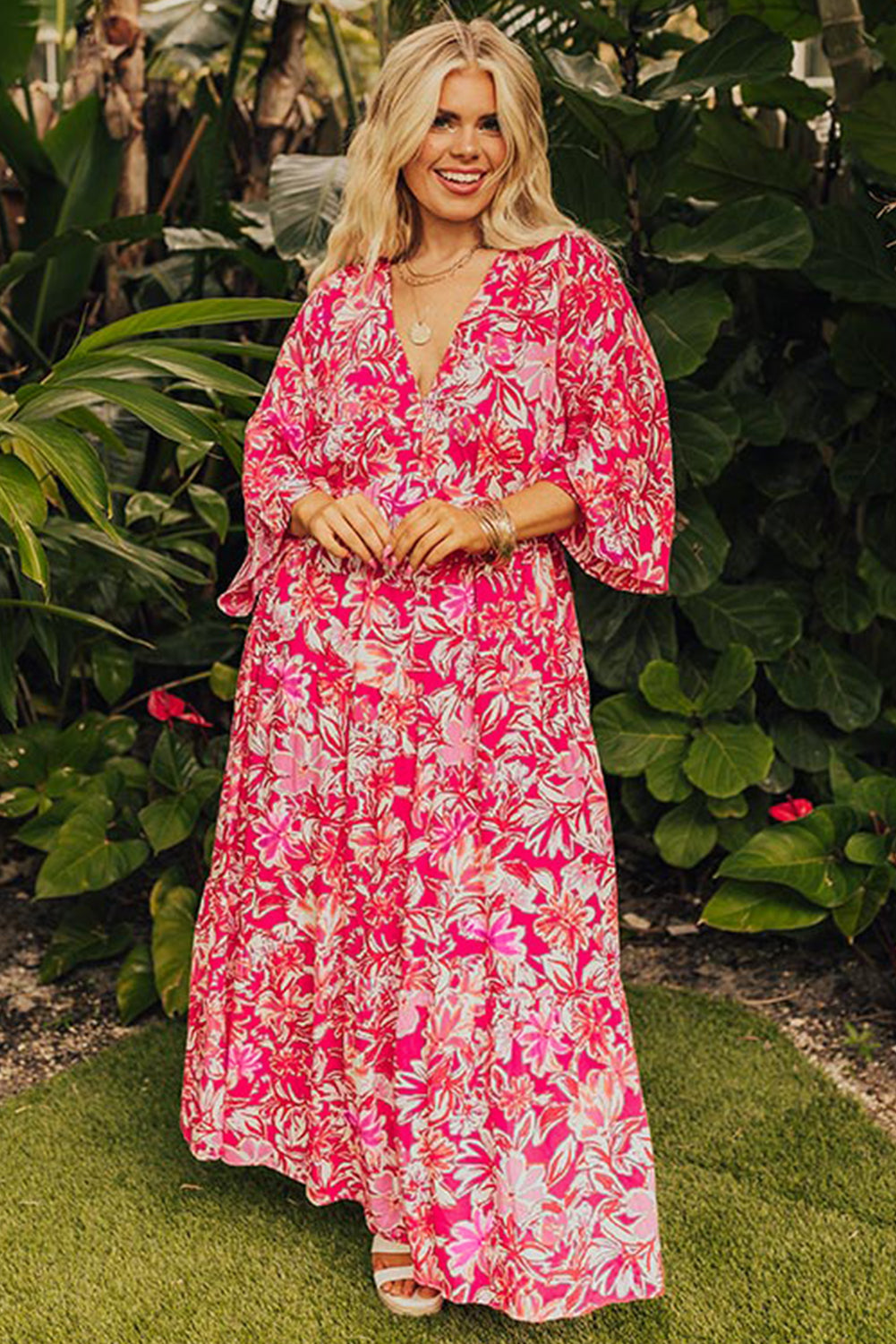 Rose Plus Size Floral V Neck Flounce Sleeve Boho Maxi Dress