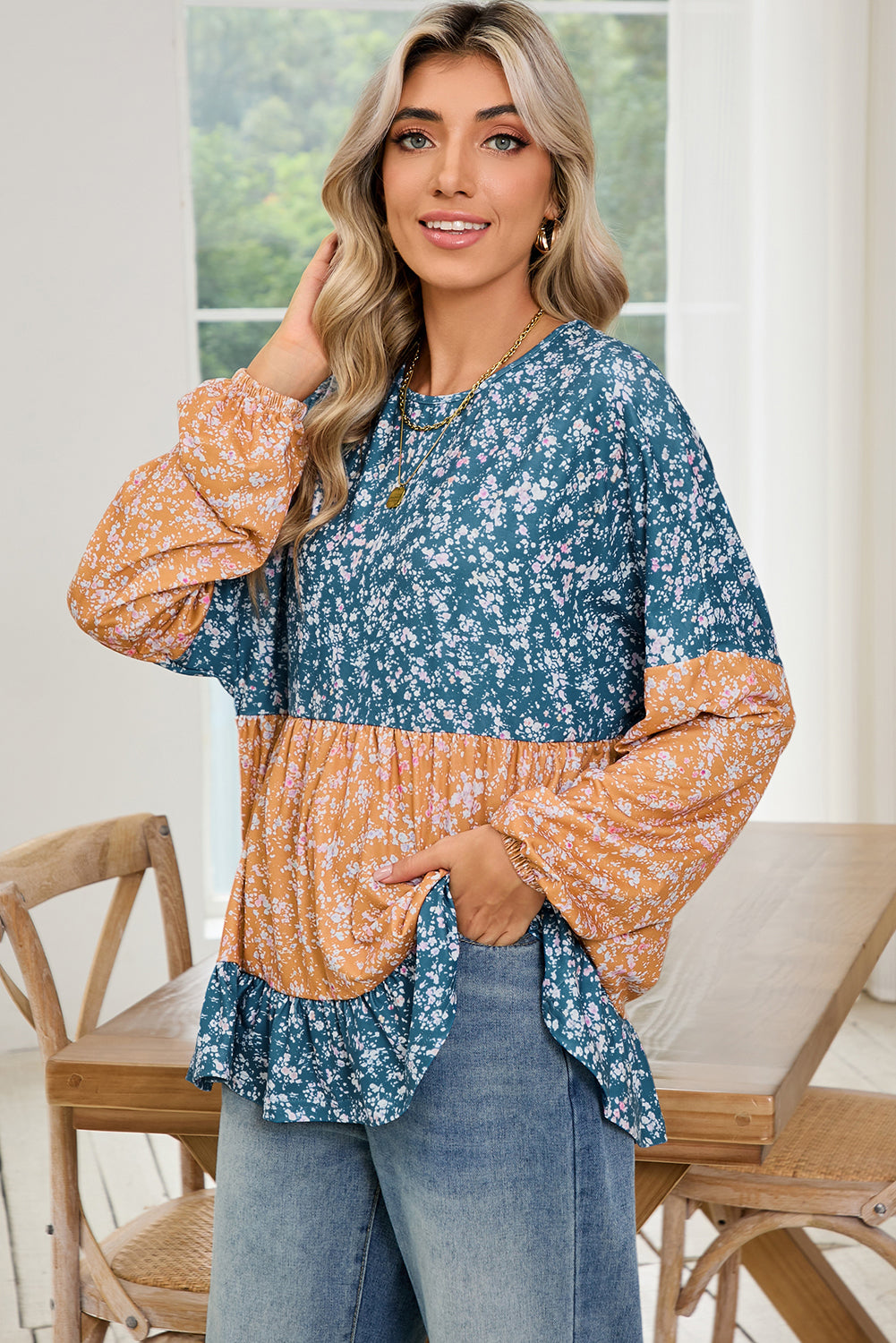 Orange Ditsy Floral Color Block Ruffle Hem Long Sleeve Top