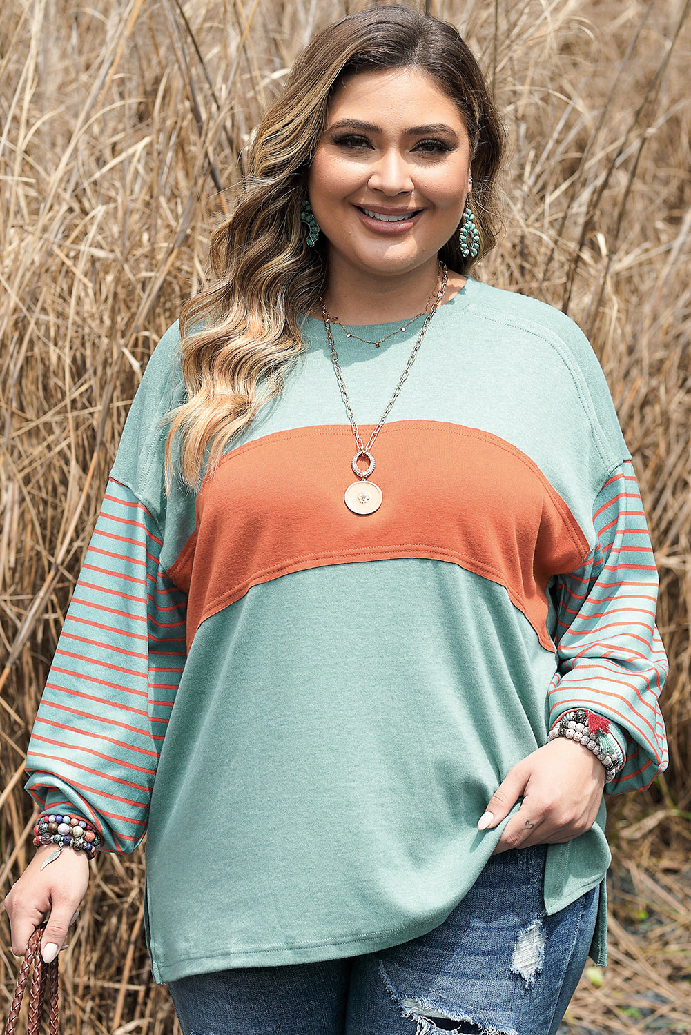 Grass Green Plus Size Striped Long Sleeve Colorblock Top