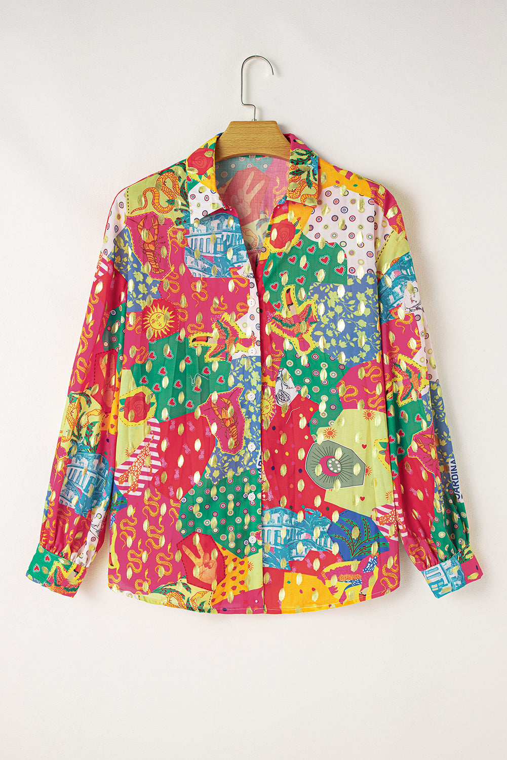 Rose Red Abstract Print Colorblock Long Sleeve Shirt