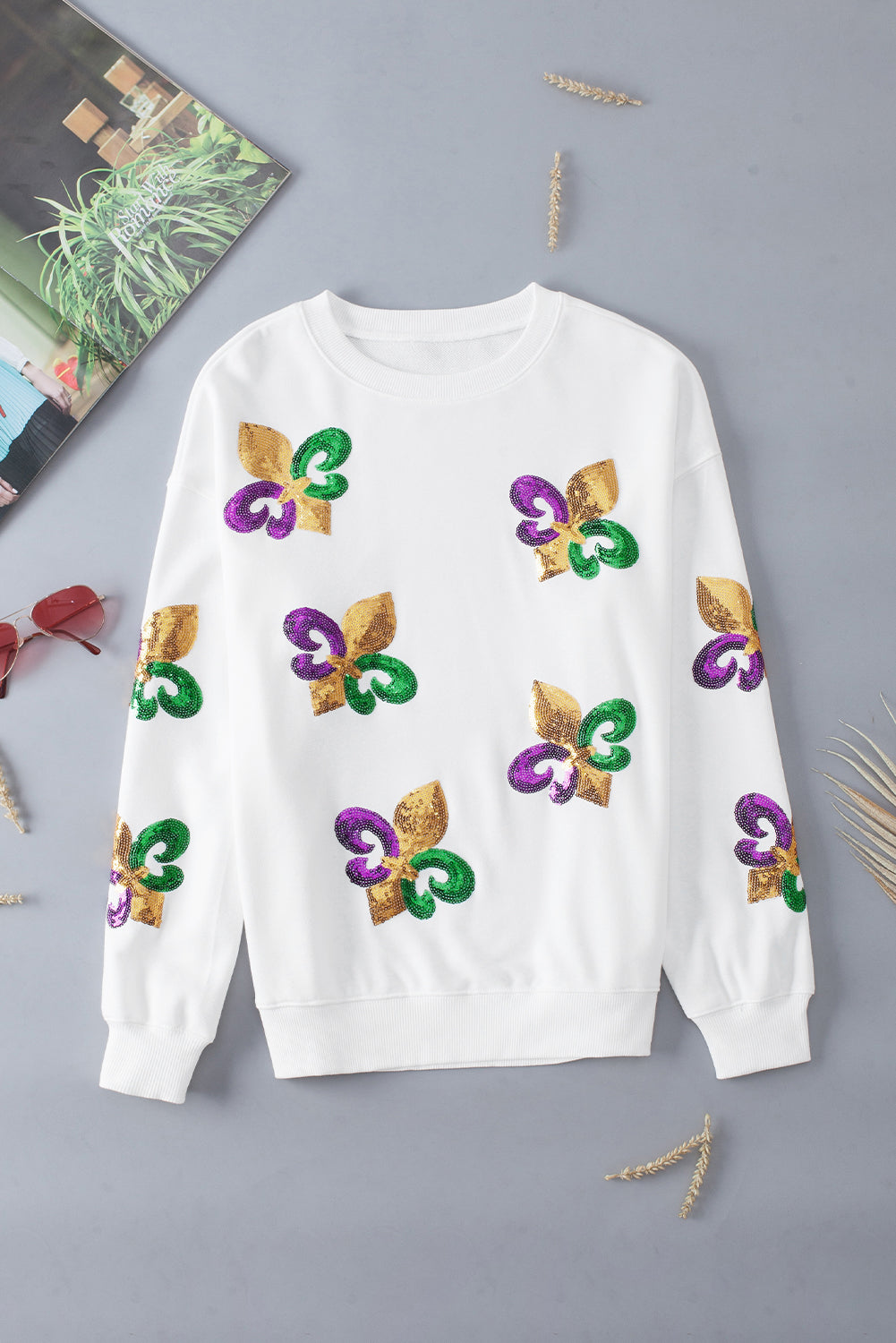 Khaki Sequin MARDI GRAS Graphic Pullover Sweatshirt