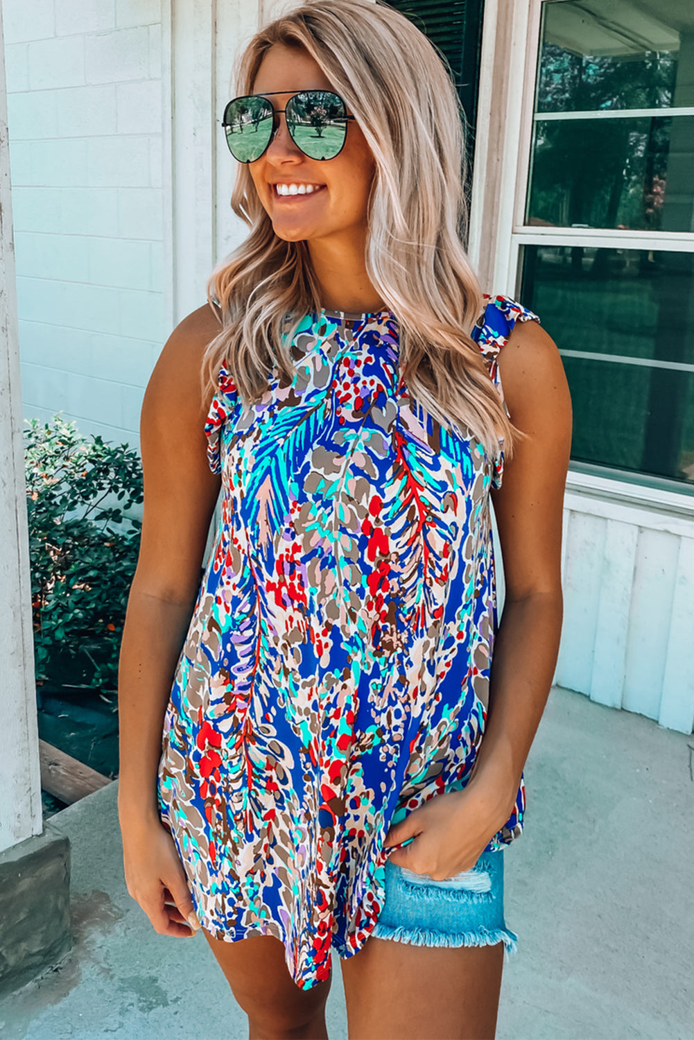 Boho Abstract Print Ruffle Babydoll Sleeveless Shirt