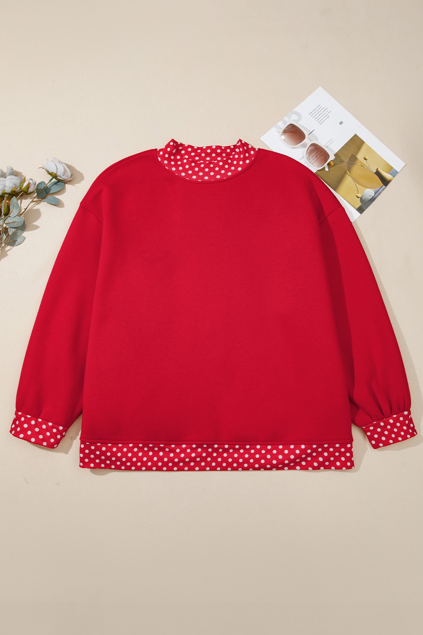 Red Polka Dot Patchwork Round Neck Plus Size Sweatshirt