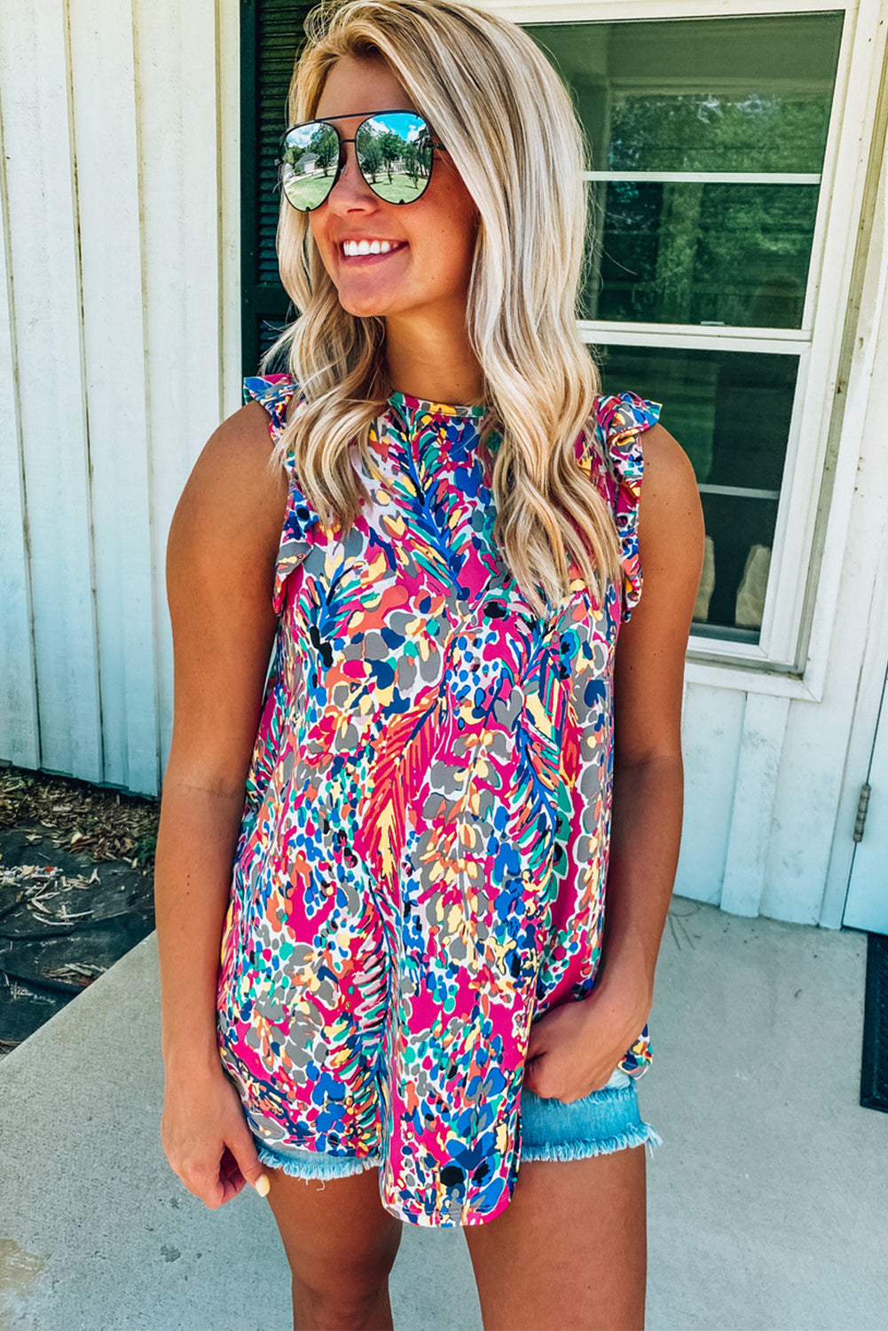 Boho Abstract Print Ruffle Babydoll Sleeveless Shirt