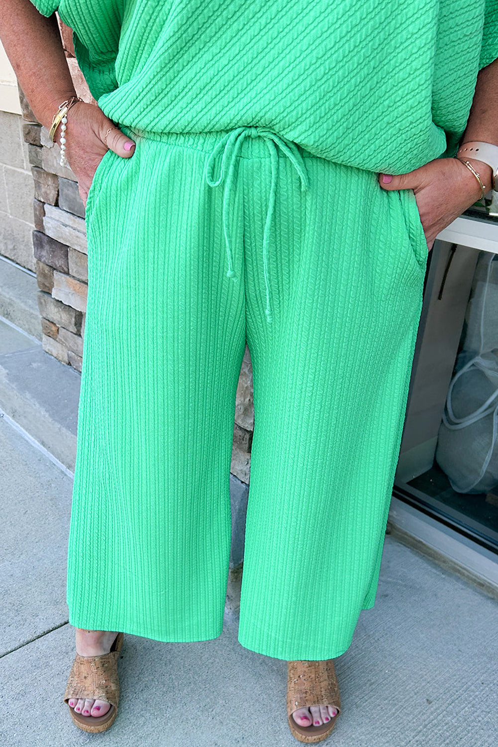 Mint Green Textured Batwing Sleeve Tee & Wide Leg Pants Plus Size Set