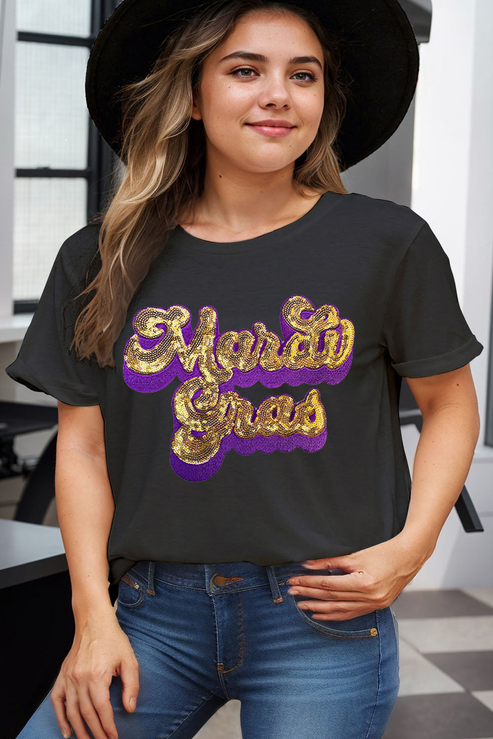 Black Mardi Gras Sequin Chenille Graphic Plus Size Tee