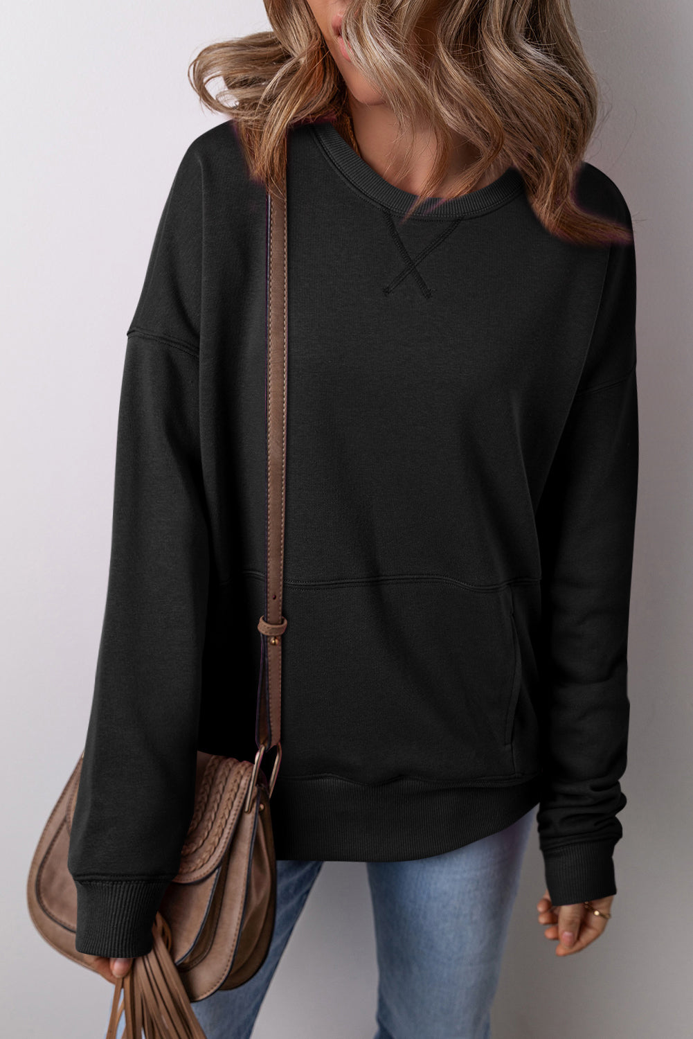 Rose Red Kangaroo Pocket Loose Fit Drop Shoulder Sweatshirt