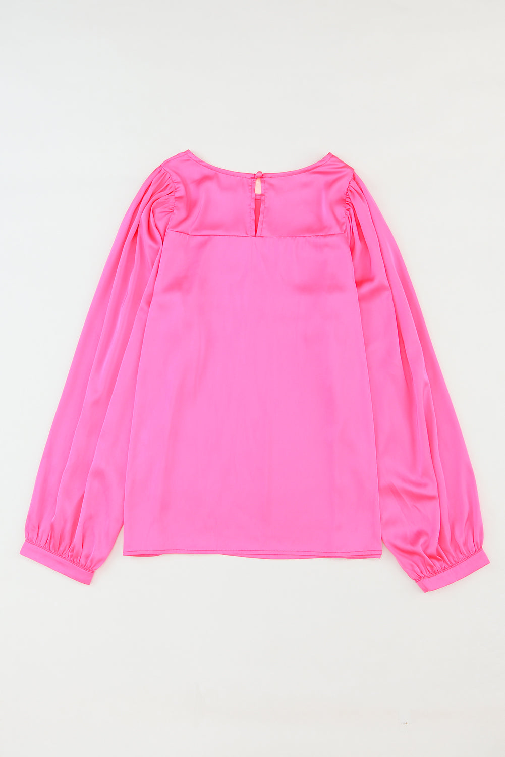 Pink Plain Satin Puff Long Sleeve Crewneck Blouse