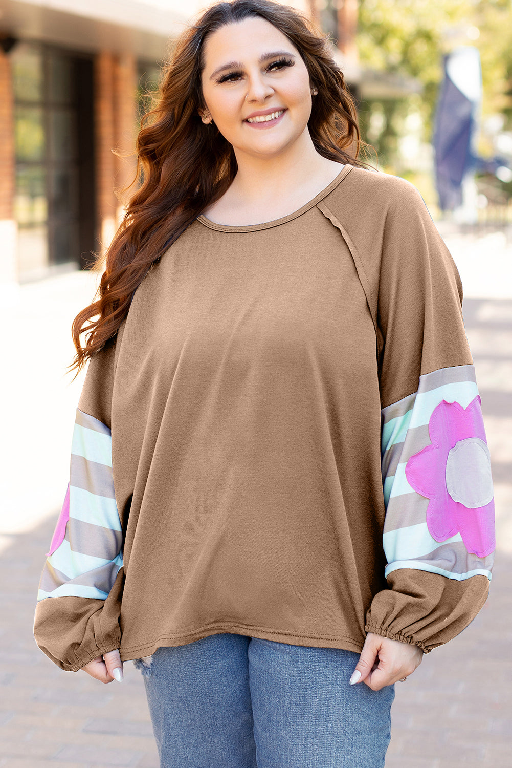 Light French Beige Flower Striped Patchwork Sleeve Plus Size Sweatshirt