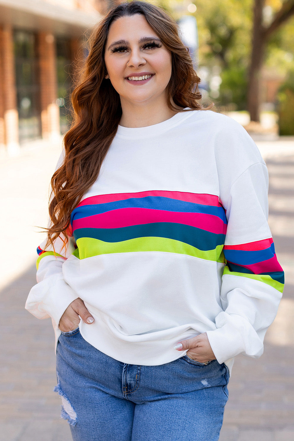 White Colorful Stripe Plus Size Sweatshirt