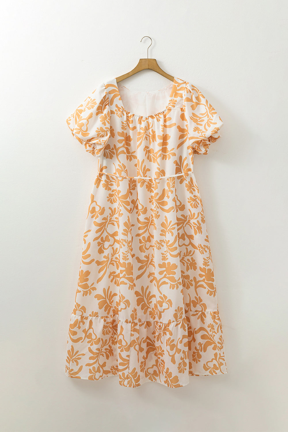 Apricot Floral Print Puff Short Sleeve Plus Size Maxi Dress