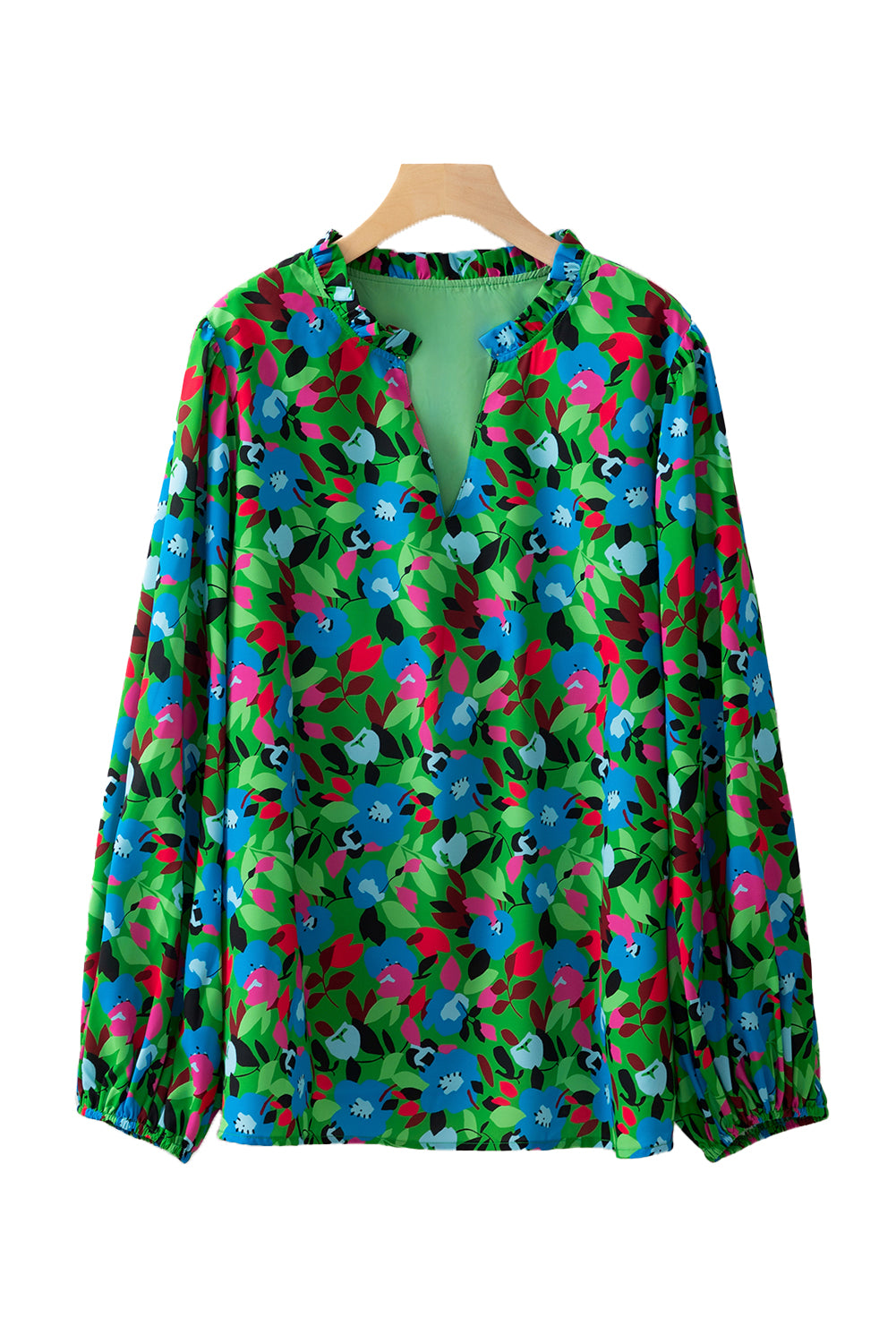 Green Plus Size Floral Puff Sleeve V Neck Blouse