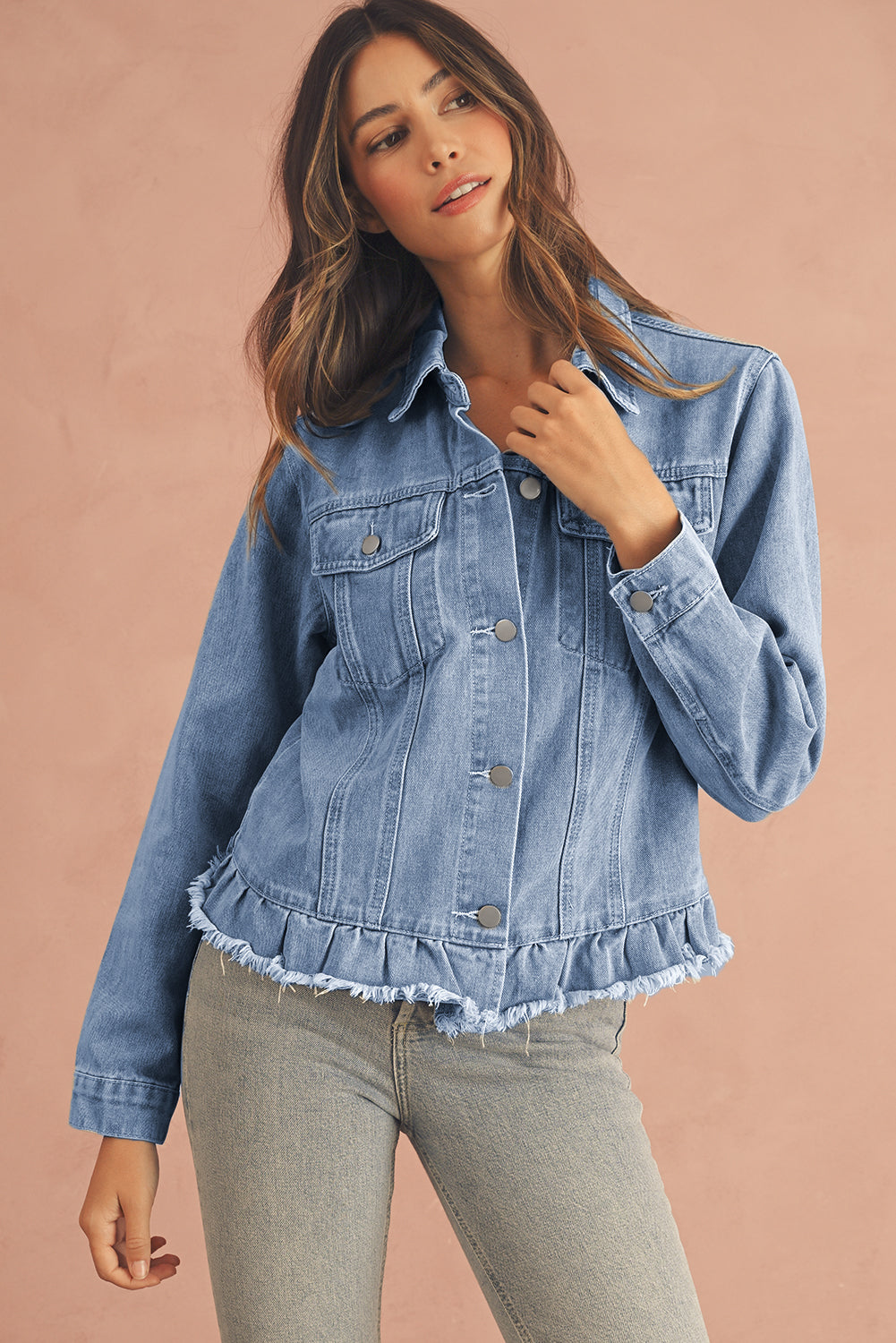 Navy Blue Ruffle Raw Hem Flap Pockets Denim Jacket