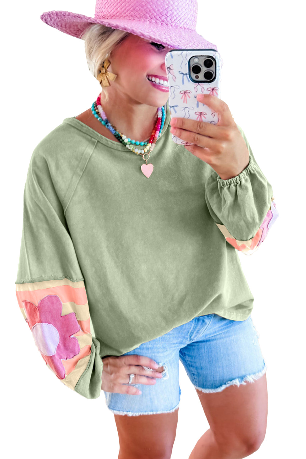 Smoke Green Flower Patchwork Exposed Seam Raglan Sleeve Top