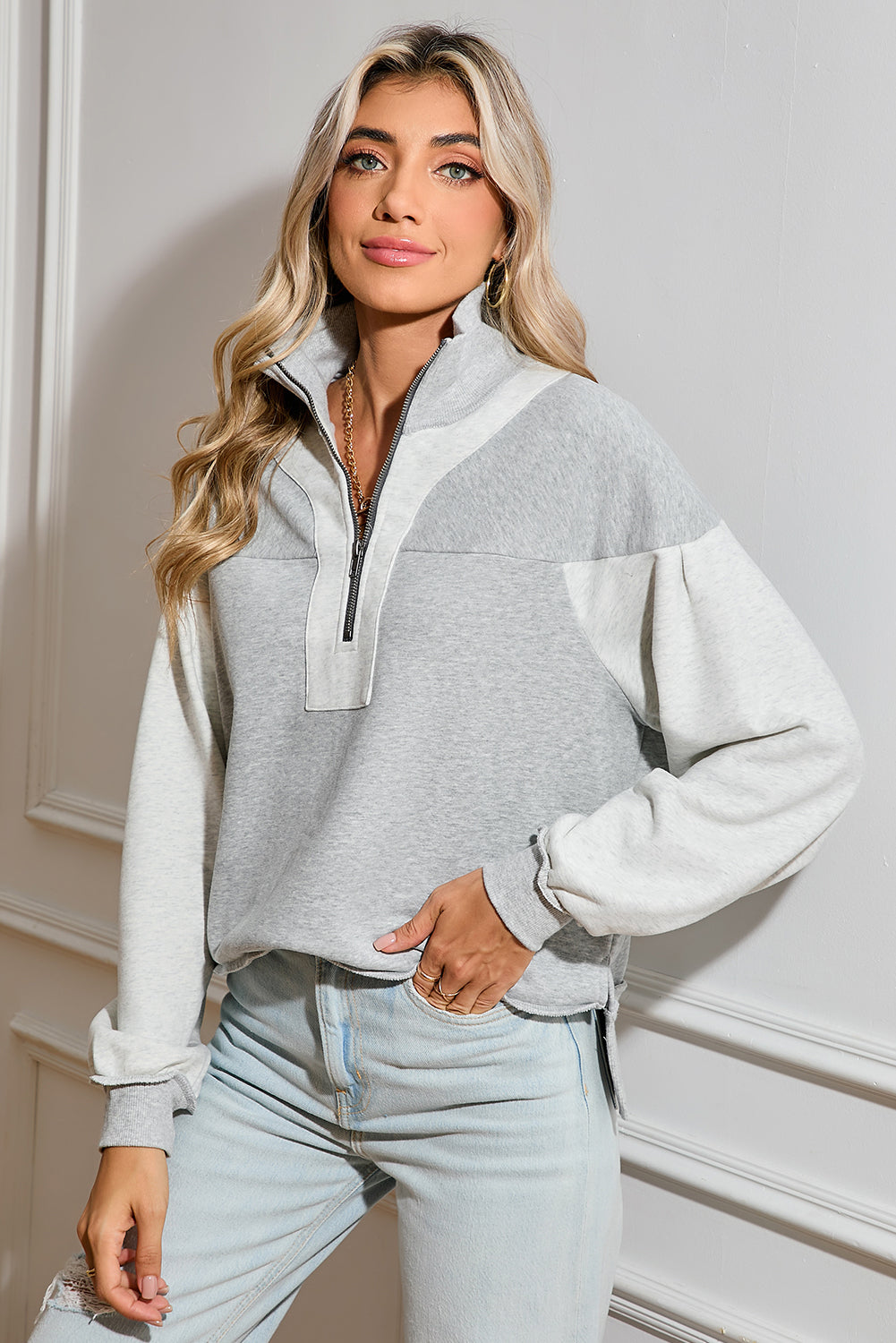 Gray Zip Collar Colorblock Side Slits Sweatshirt