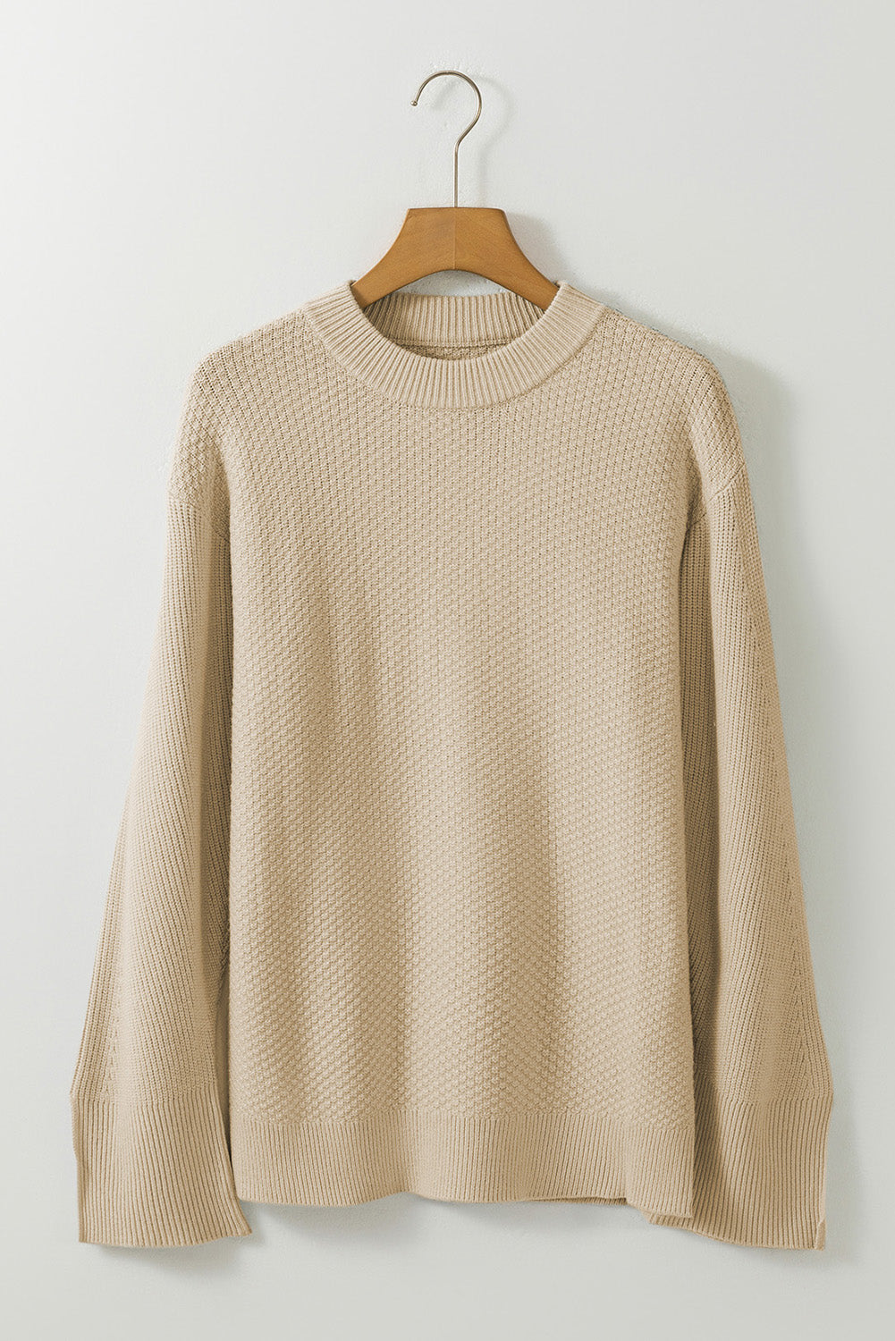 Parchment Solid Textured Knit Split Cuff Drop Shoulder Sweater