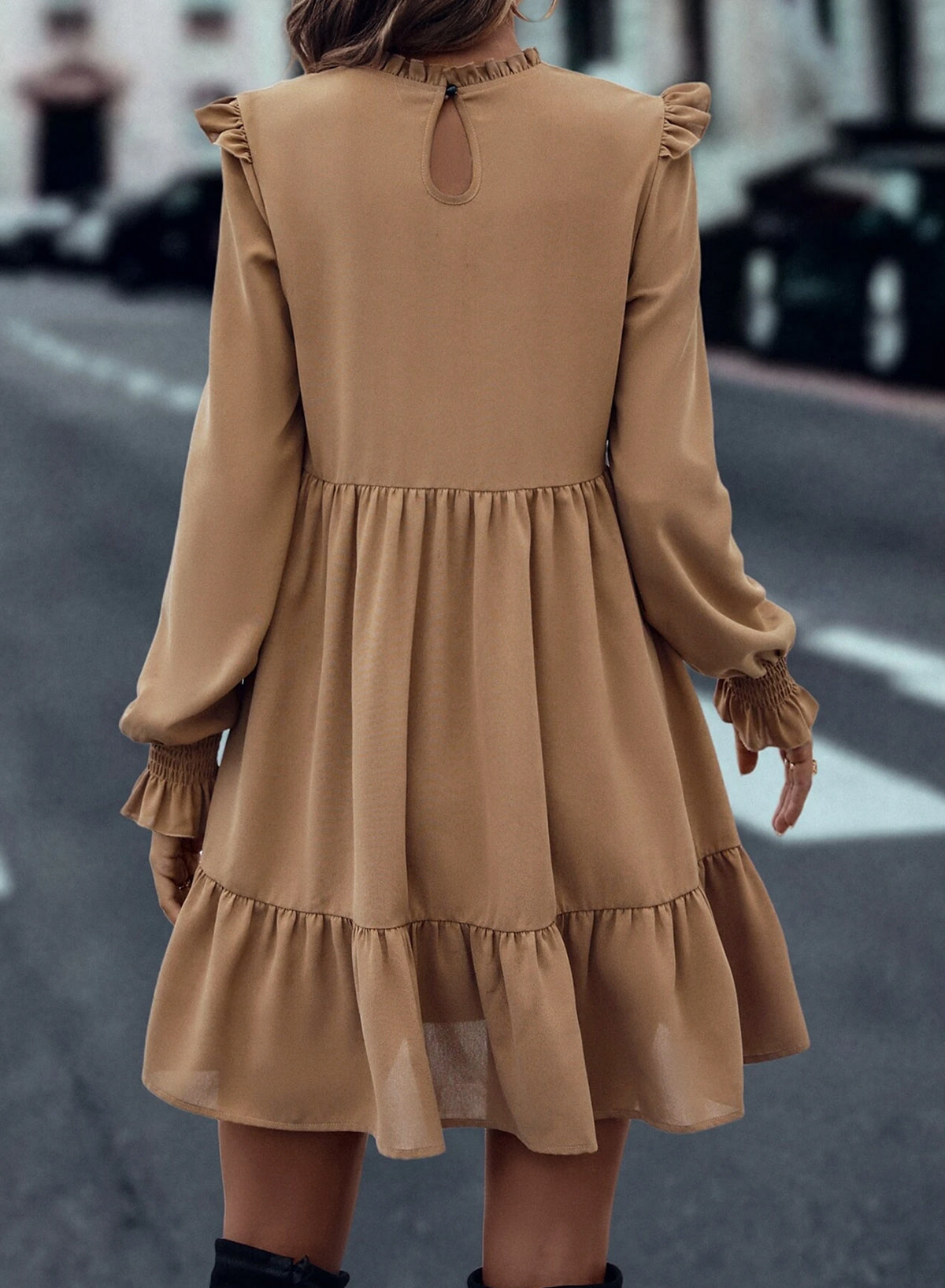 Beige Frilled Collar Ruffled Shoulder Tiered Dress