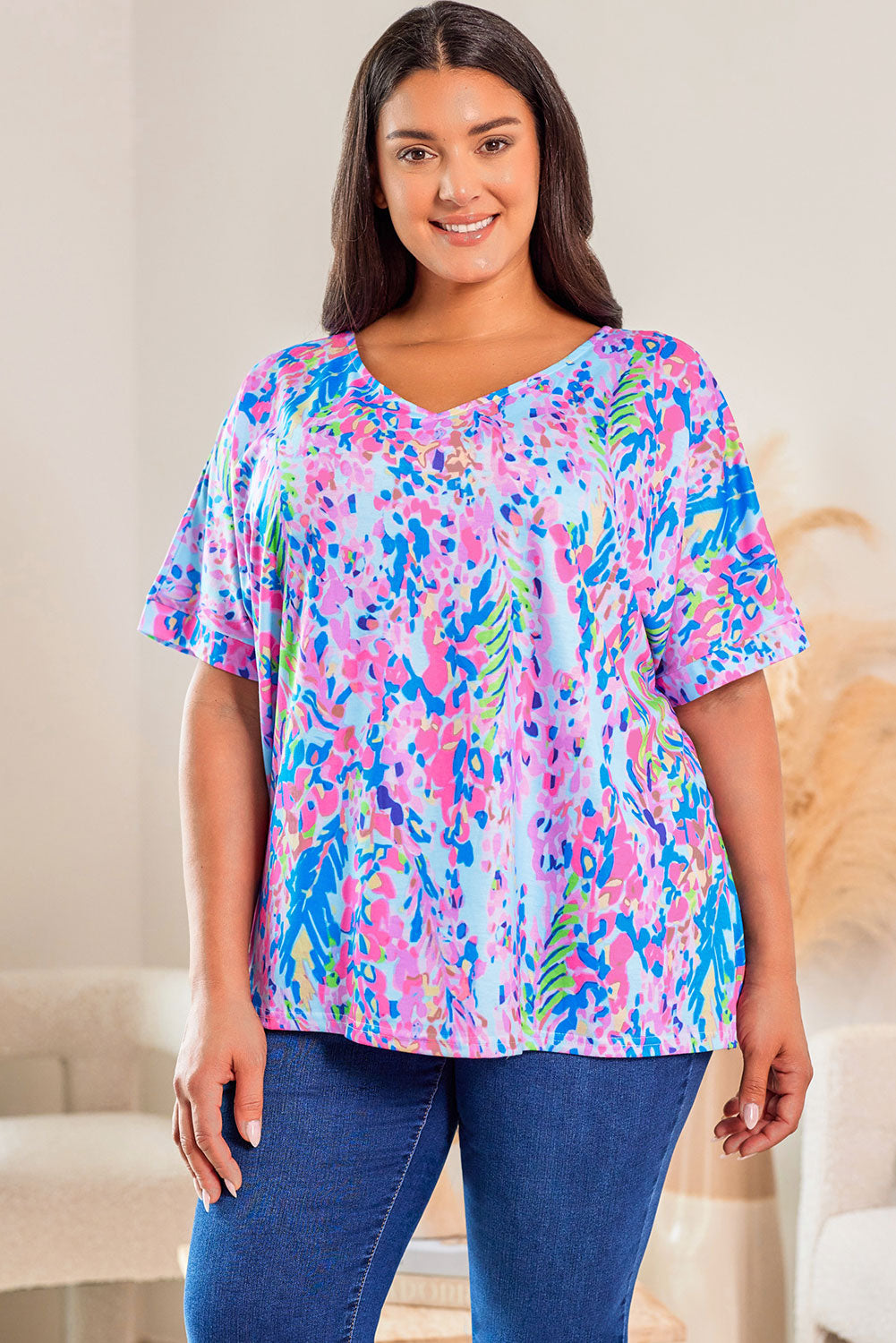 Plus Size Printed V Neck T-shirt