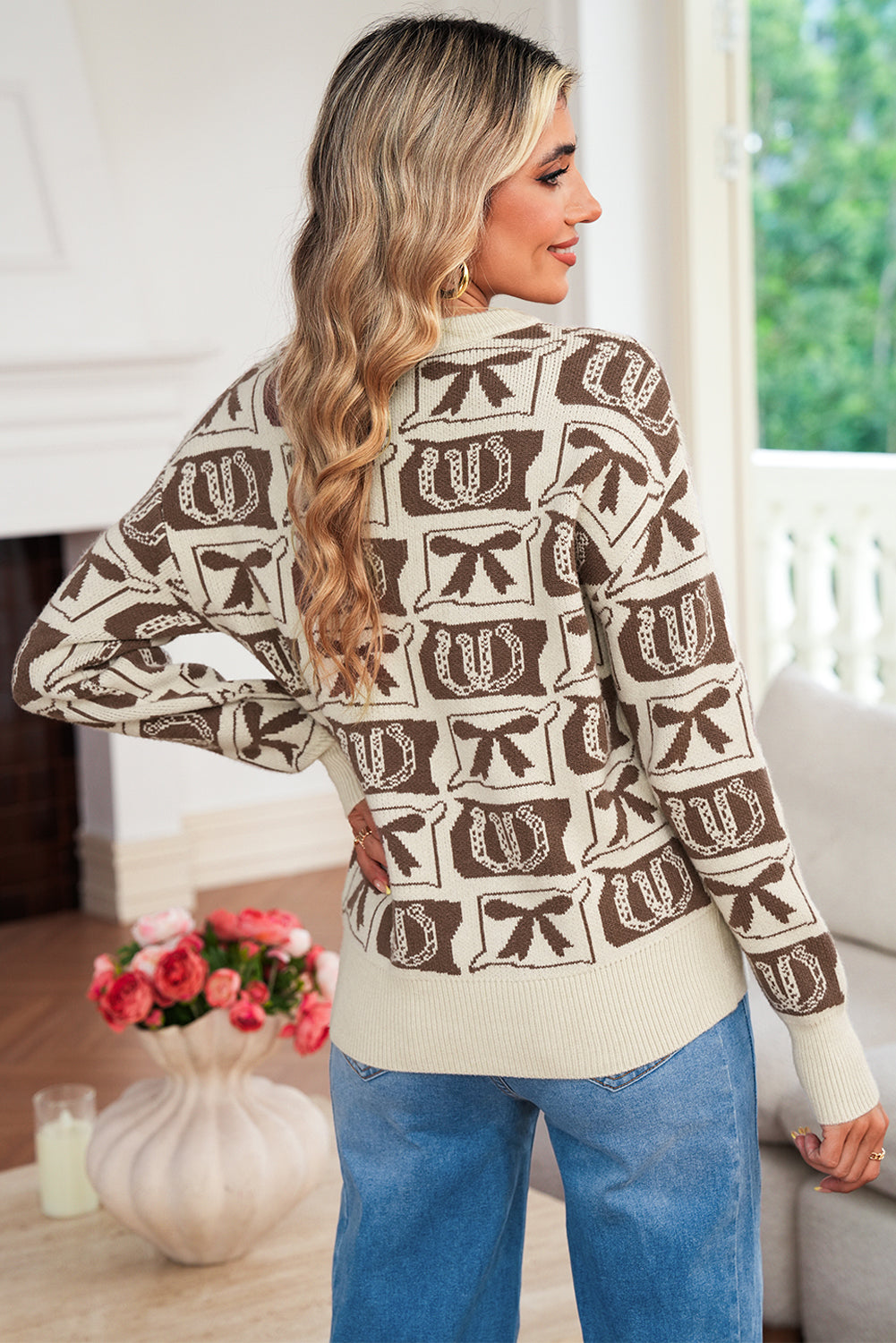 Brown Colorblock Bow Pattern Drop Sleeve Sweater