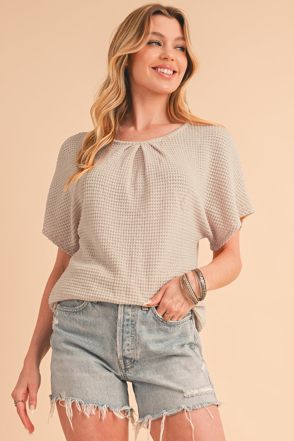 Oatmeal Lace Back Waffle Textured T-shirt