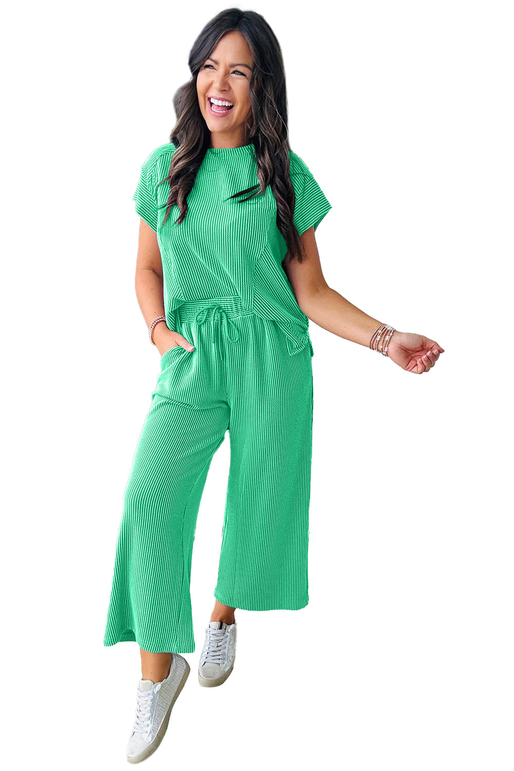 Bright Pink Solid Corded Short Sleeve T Shirt and Wide Leg Pants Set