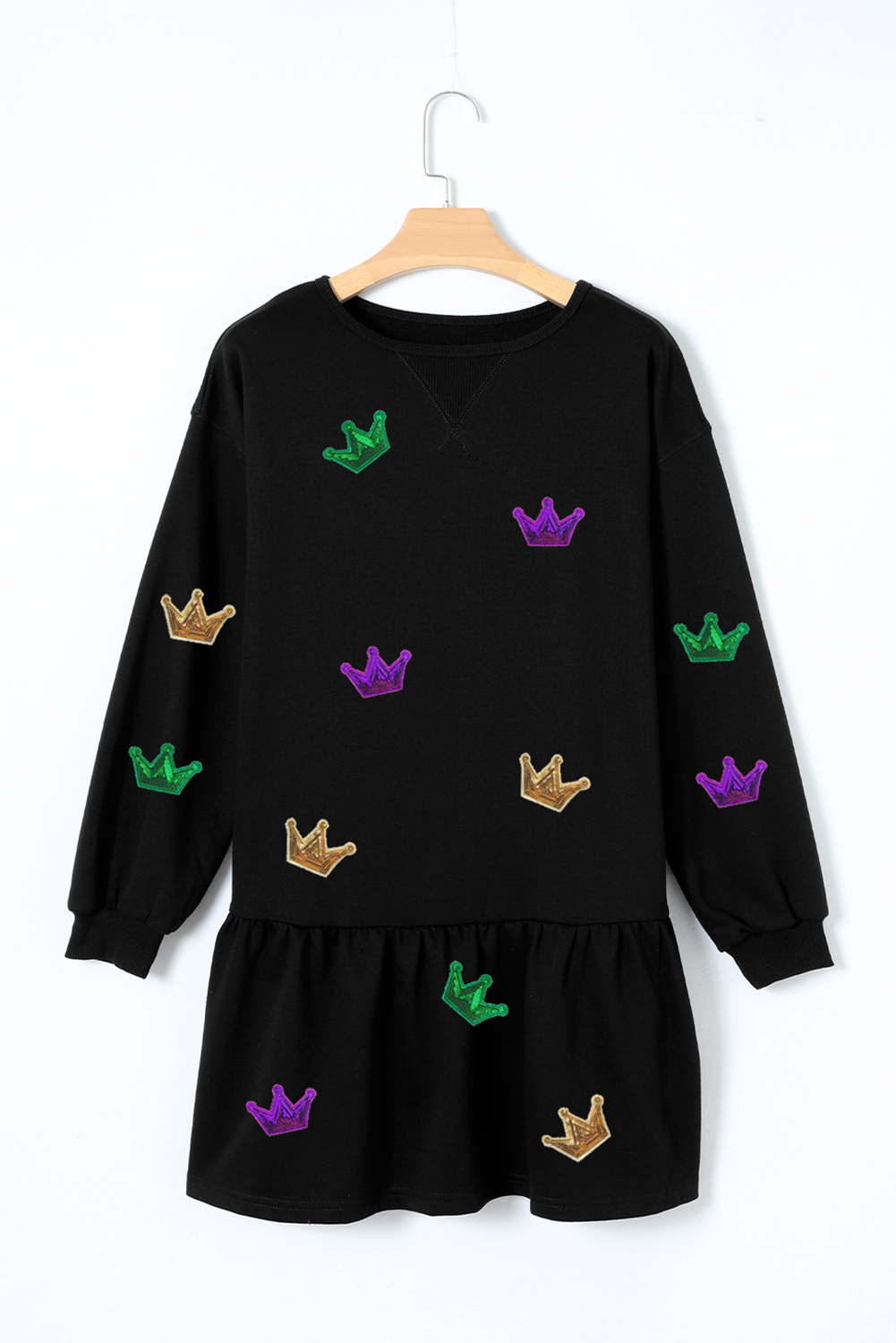 Black Mardi Gras Crown Patched Long Sleeve Ruffle Hem Dress