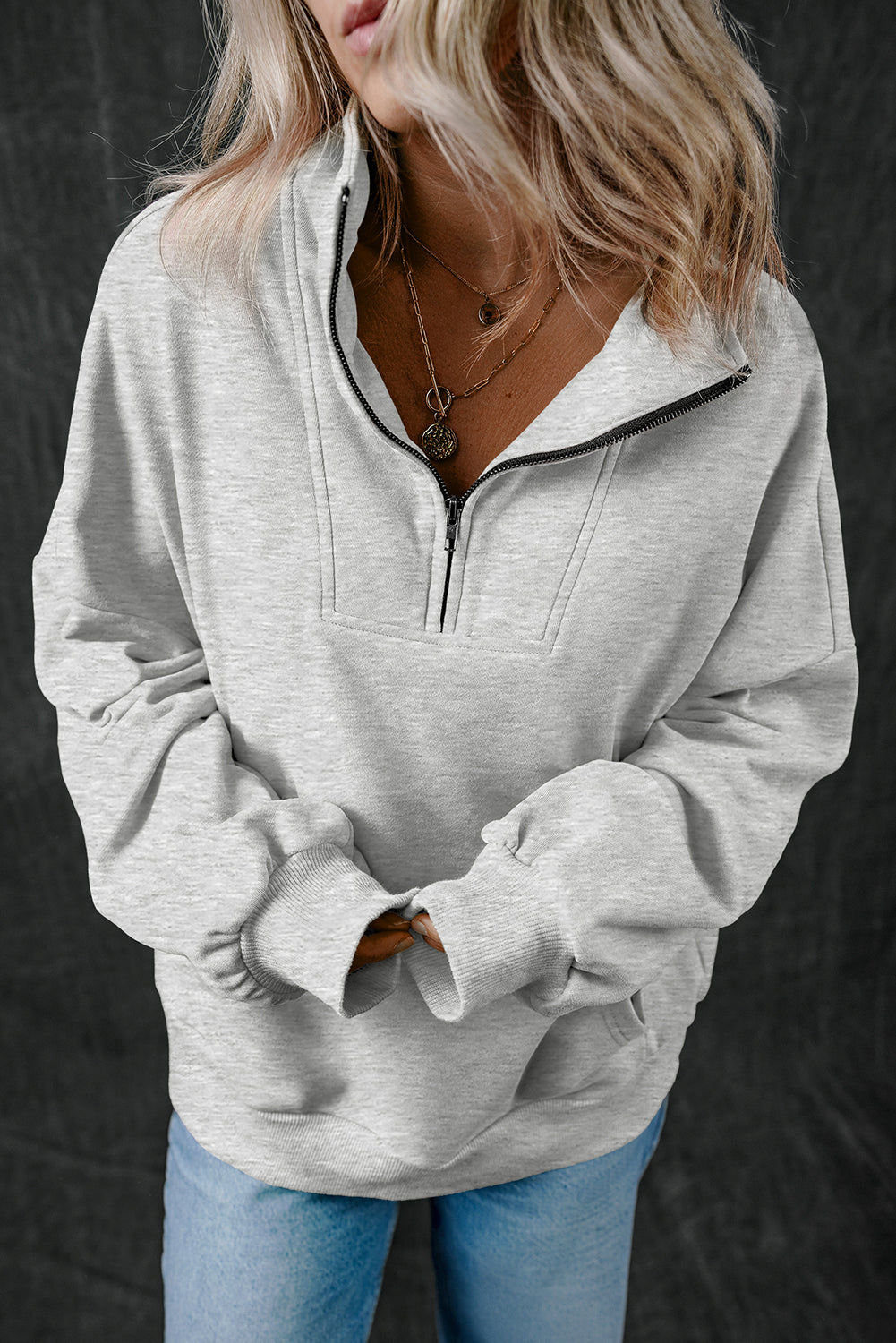 Bonbon Zip-up Stand Neck Kangaroo Pocket Sweatshirt