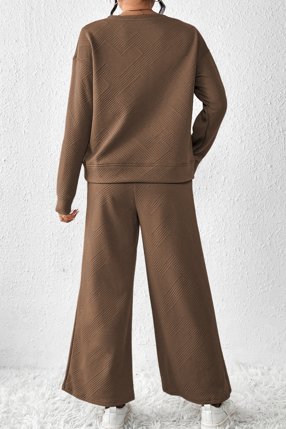 Dark Brown Textured Loose Slouchy Long Sleeve Top and Pants Set