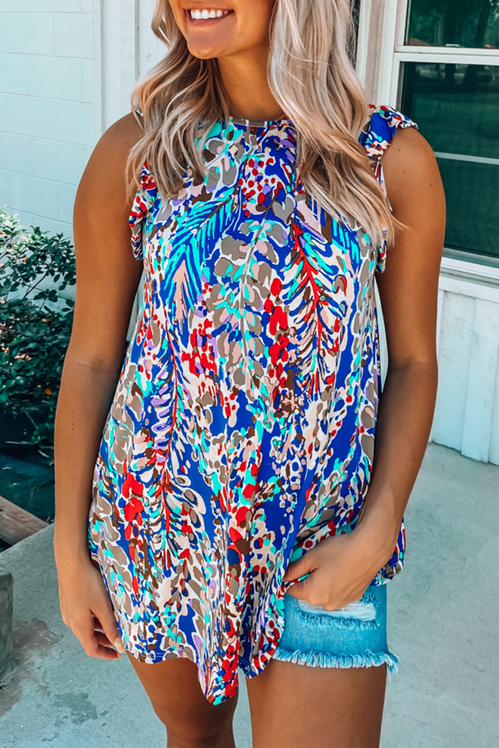 Boho Abstract Print Ruffle Babydoll Sleeveless Shirt