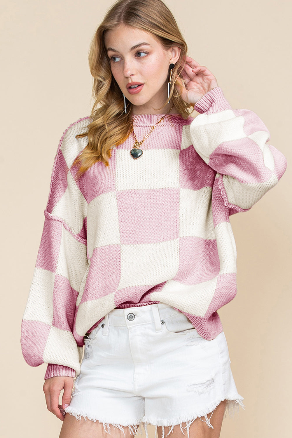 Rose Checkered Bishop Sleeve Pullover Sweater