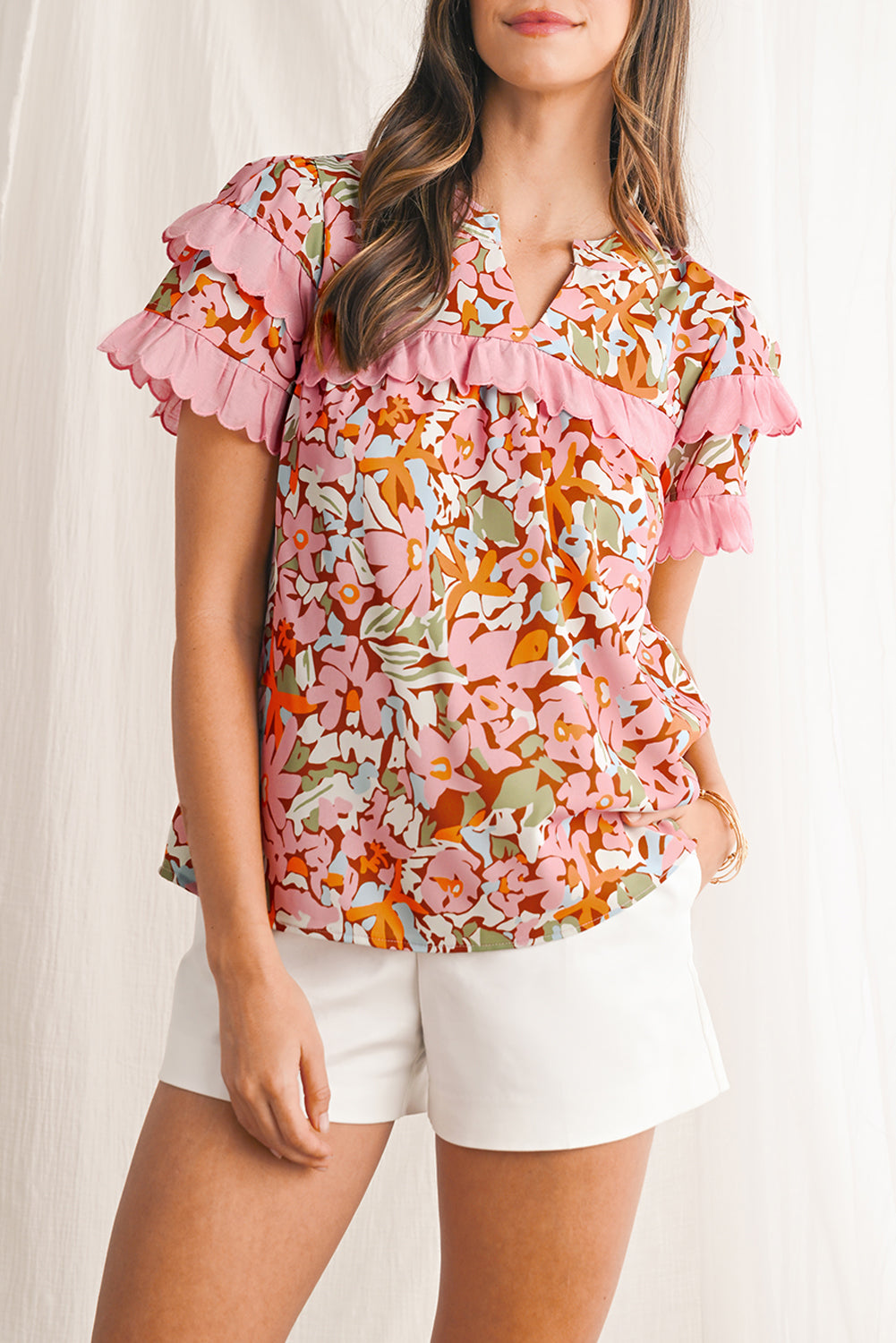 Multicolour Boho Floral V-Neck Ruffle Blouse