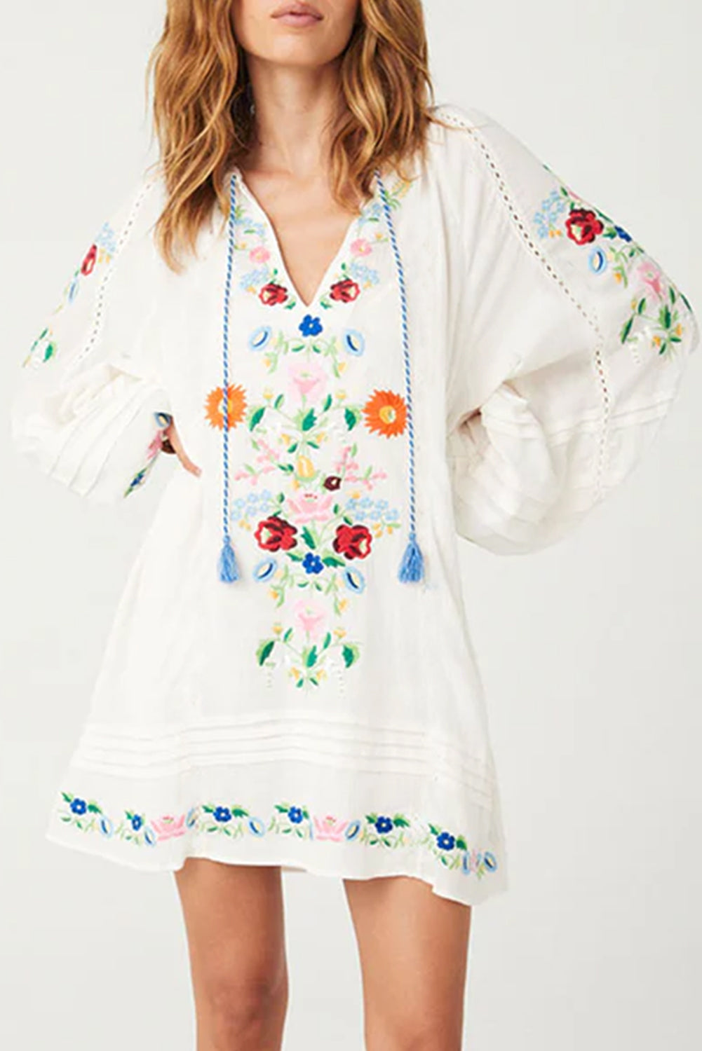 White Boho Floral Tassel Tie V Neck Mini Dress