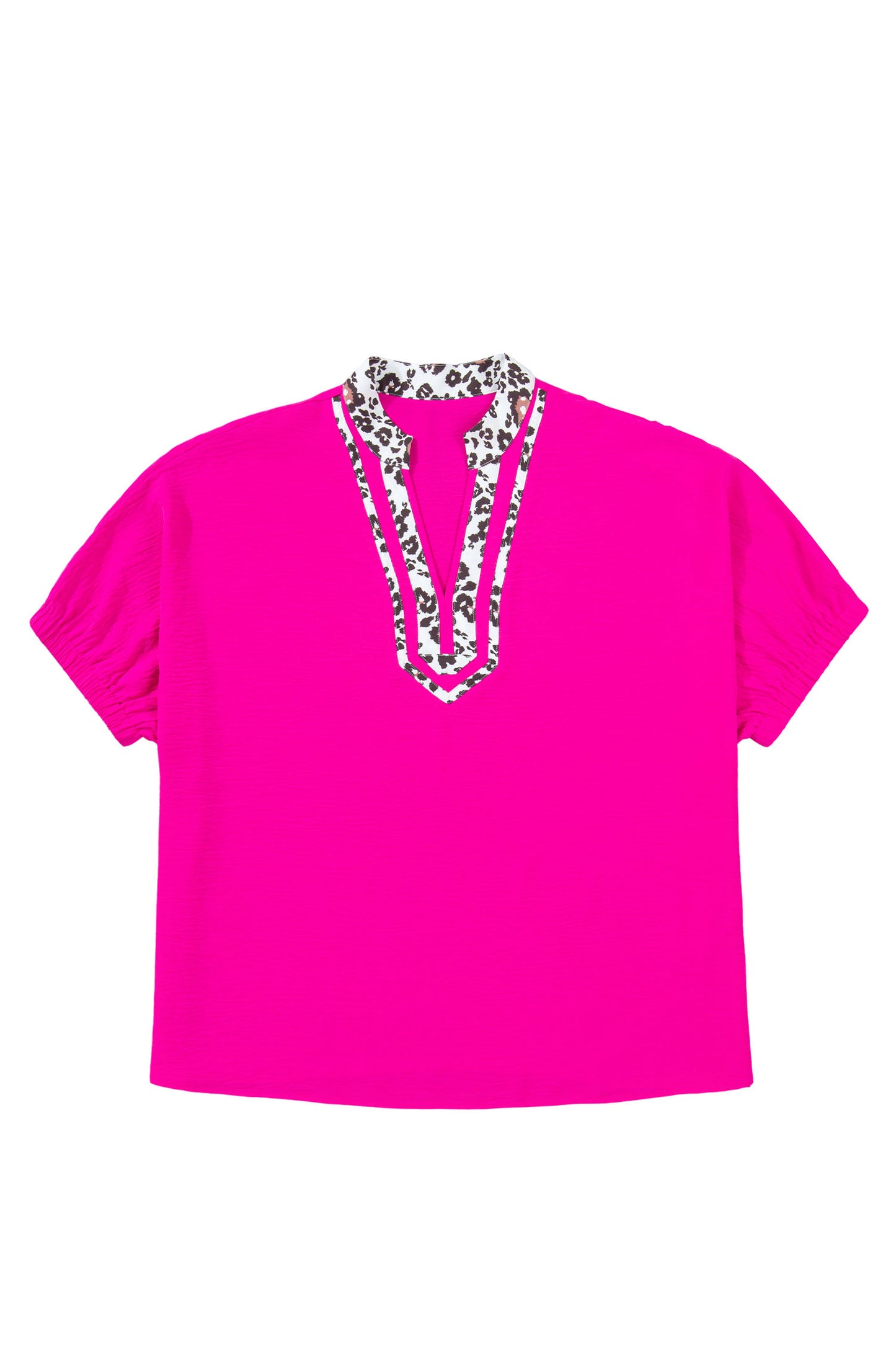 Rose Red Leopard Accent Notched Neck Plus Size Short Sleeve Top