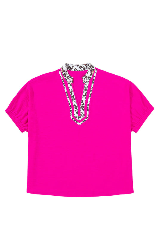 Rose Red Leopard Accent Notched Neck Plus Size Short Sleeve Top