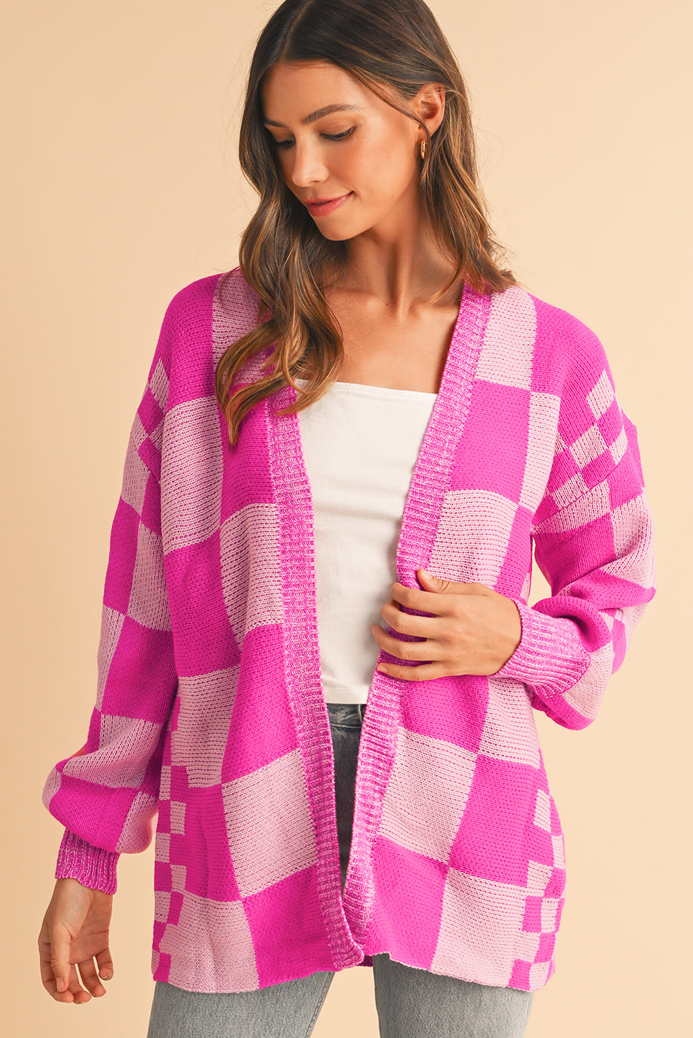 Pink Checkered Cardigan