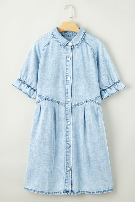 Blue Mineral Washed Ruffled Short Sleeve Pocketed Denim Dress **SHIPS 3/16**
