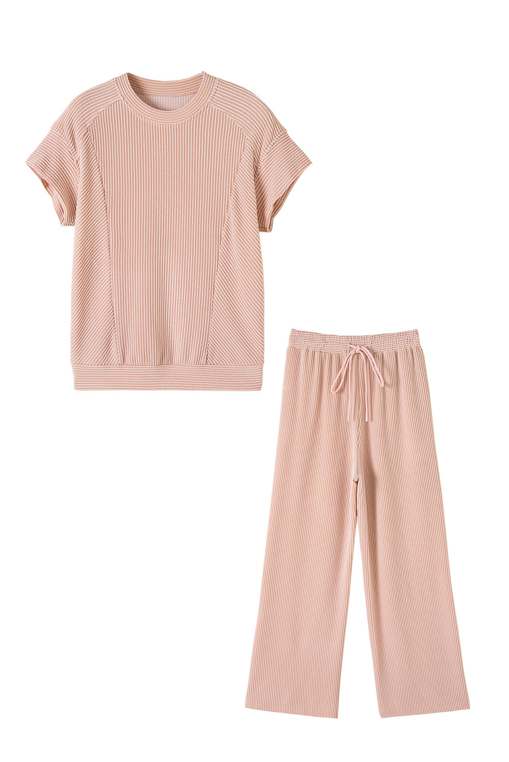 Bright Pink Solid Corded Short Sleeve T Shirt and Wide Leg Pants Set