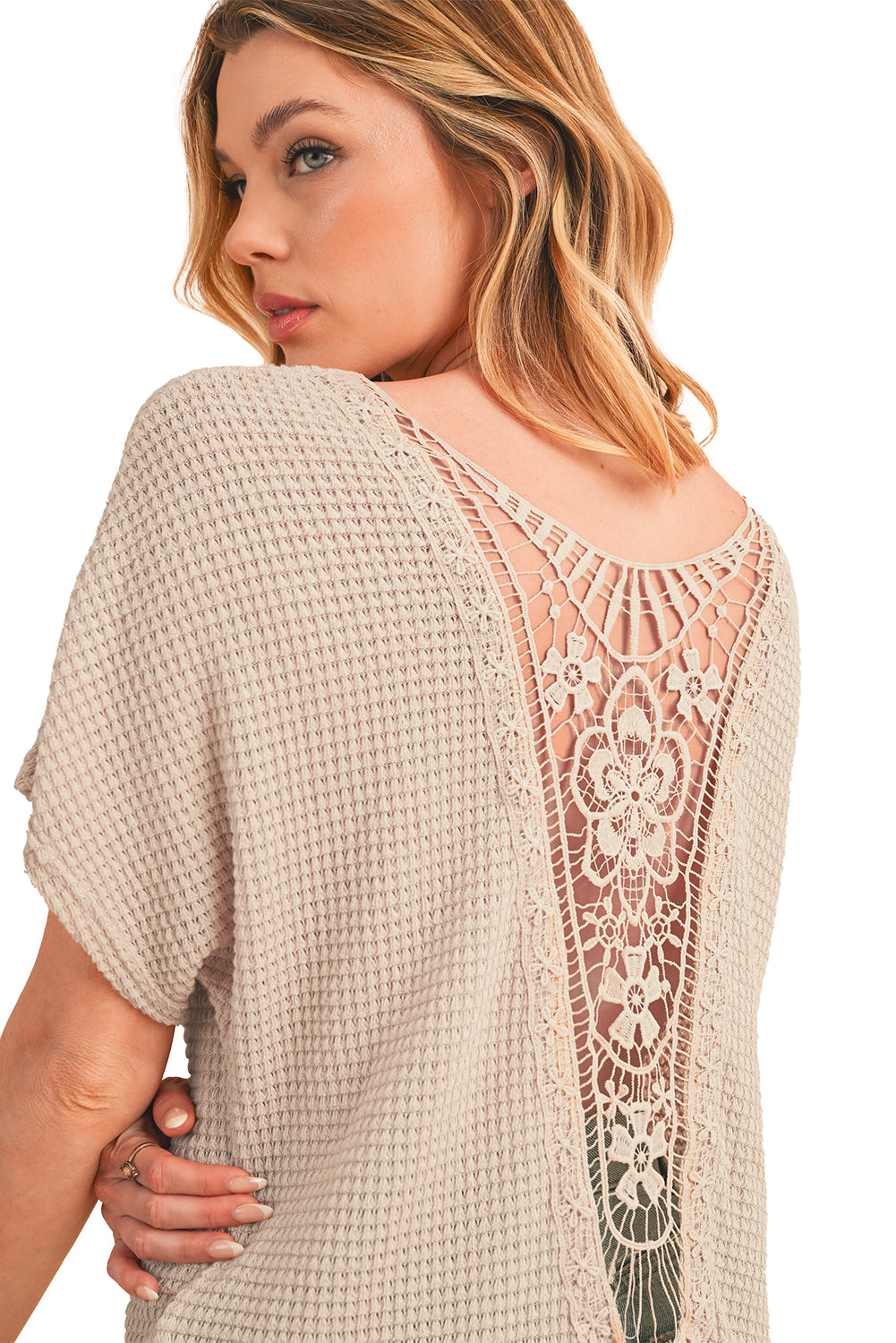 Oatmeal Lace Back Waffle Textured T-shirt