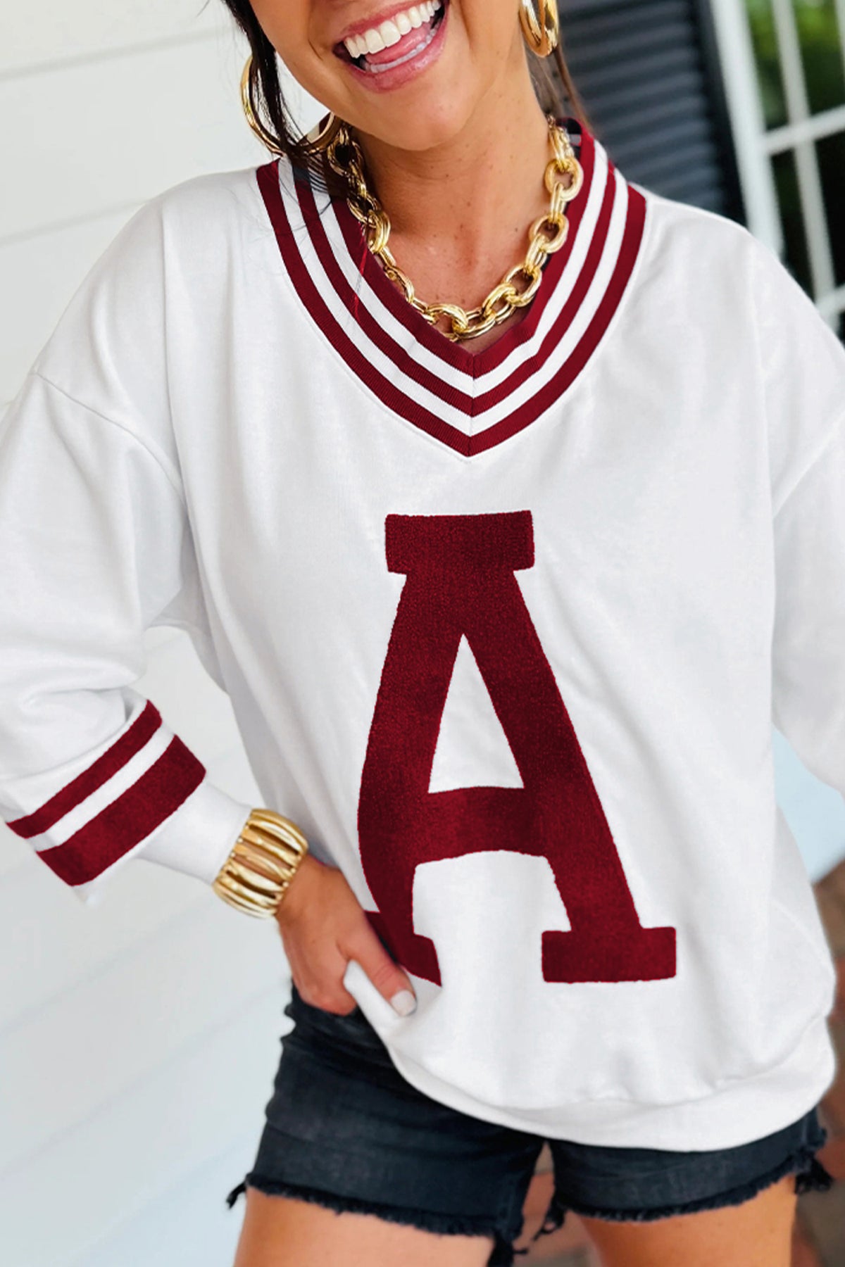 Red Dahlia Chenille Letter A Graphic Varsity Striped V Neck Puff Sleeve Sweatshirt