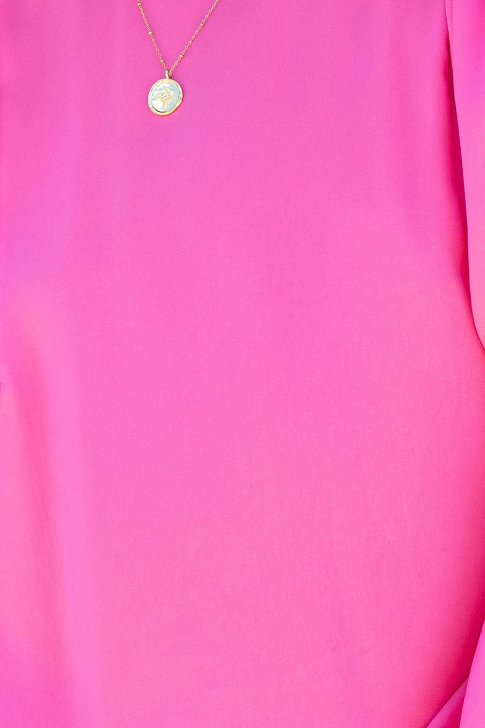 Pink Plain Satin Puff Long Sleeve Crewneck Blouse