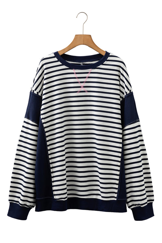 Blue Stripe Contrast Stitched Detail Color Block Patchwork Plus Size Sweatshirt