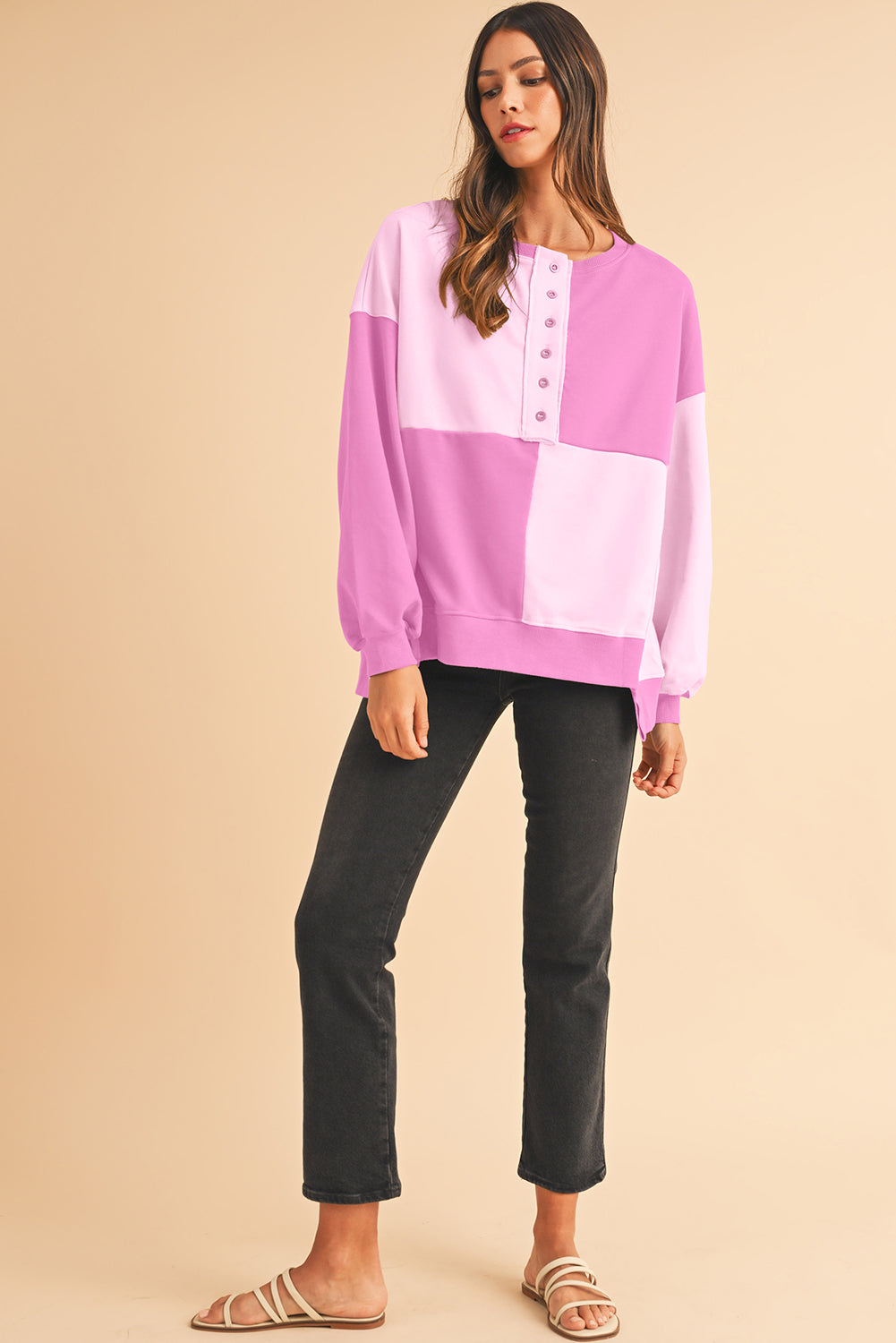 Pink Colorblock High Low Loose Henley Sweatshirt