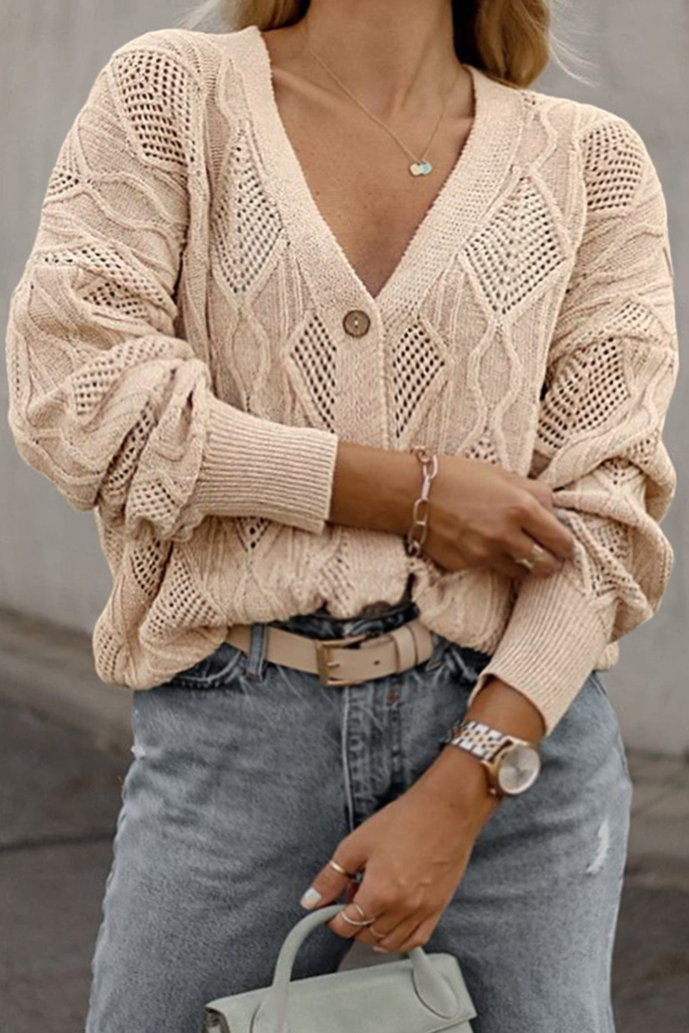 Apricot Knitted Hollow out Button up Plus Size Cardigan